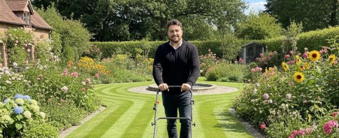 Rob Hooson mowing his lawn with a hand-held mower in an immaculately kept garden. Flowers are on either side, trees are in the background, and a house is to one side.