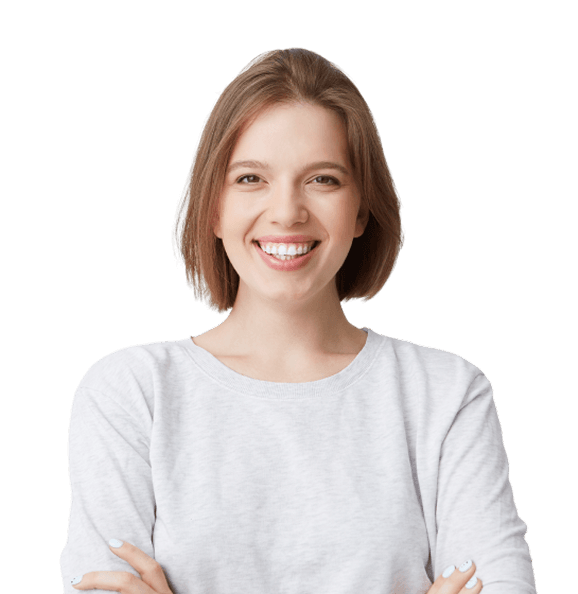 A smiling woman wearing a white coloured top on a transparent background