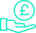 A green icon of a hand with a pound sterling symbol above the hand. The pound sterling symbol is inside a circle