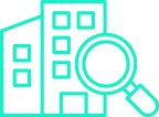 A green icon depicting an office building with a magnifying glass overlaying the building.