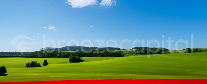 Field with red bridge